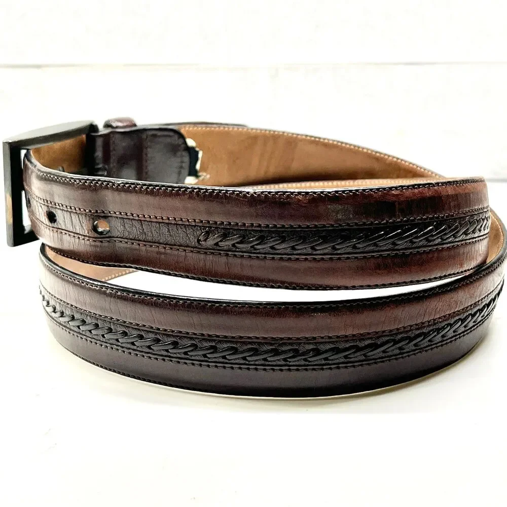 Mocha Dark Brown Spanish Leather Belt Mezlan Mens Size 38 M Herringbone Weave